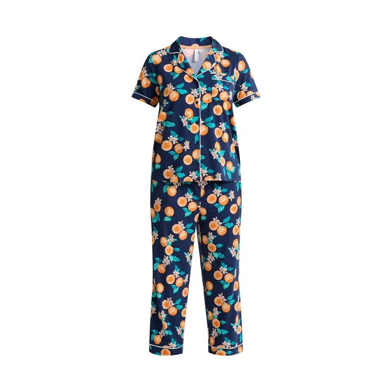 Joyspun Women's Notch Collar Short Sleeve Knit Top & Capri Pajama Set, 2-Piece, Sizes XS-3X | Walmart (US)