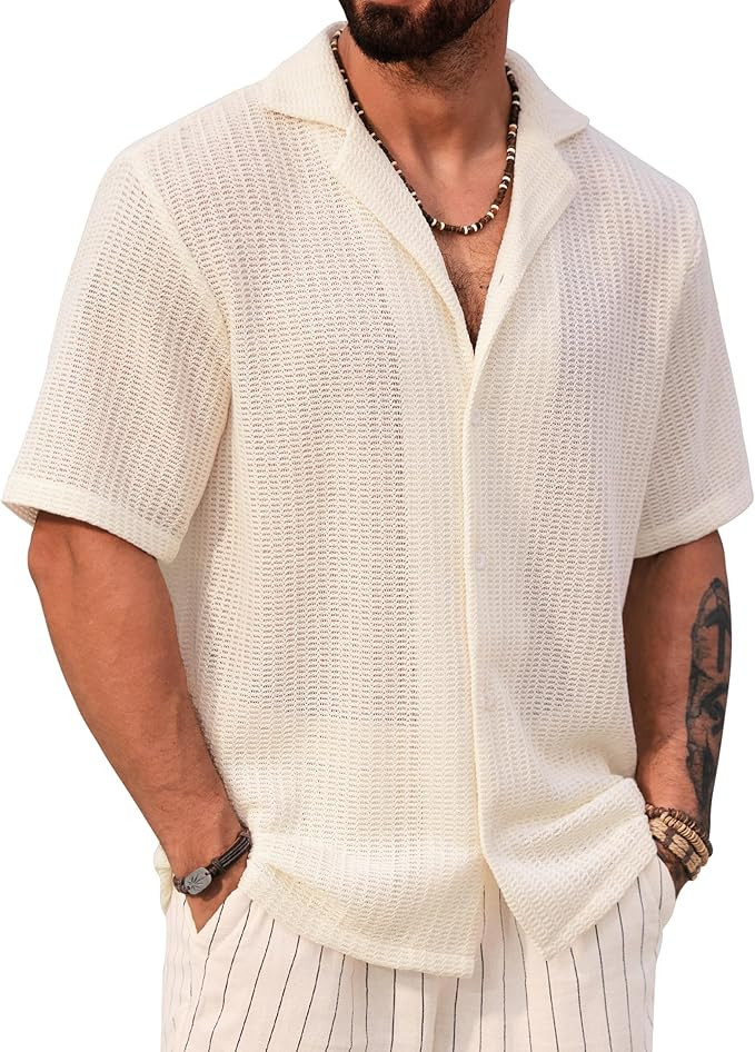 Men Summer Beach Shirts Stylish Hollow Out Button Down Shirt Casual Cuban Top (S-XXL) | Amazon (US)