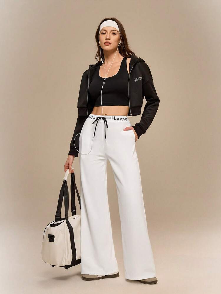 Hanevo Long White Straight Leg Pants For Women Knitted Fabric, Suitable For Daily Wear And Back To School | SHEIN