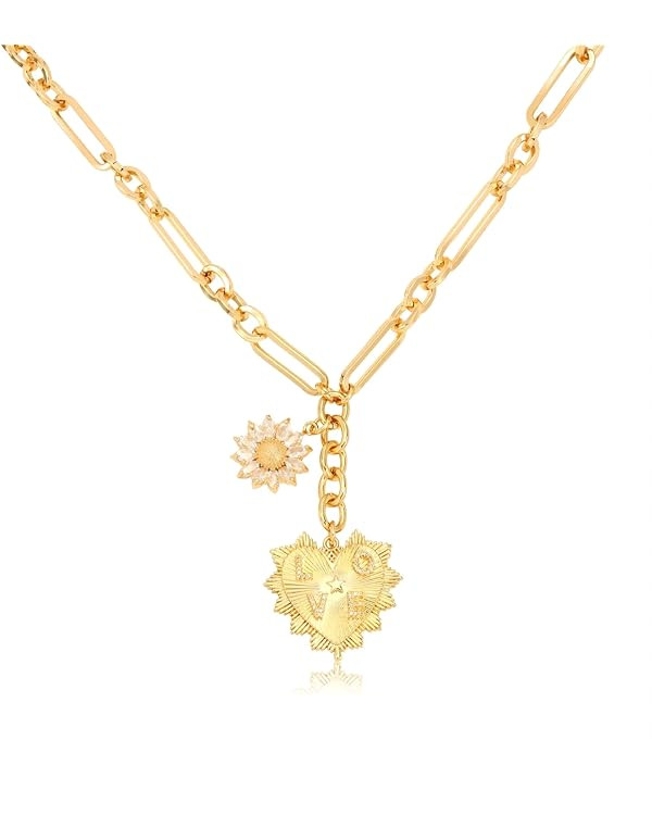 Sun Heart Charm Choker Gold Necklace for Women Men,18k Gold Plated With Zircons Inlaid Pendants,T... | Amazon (US)