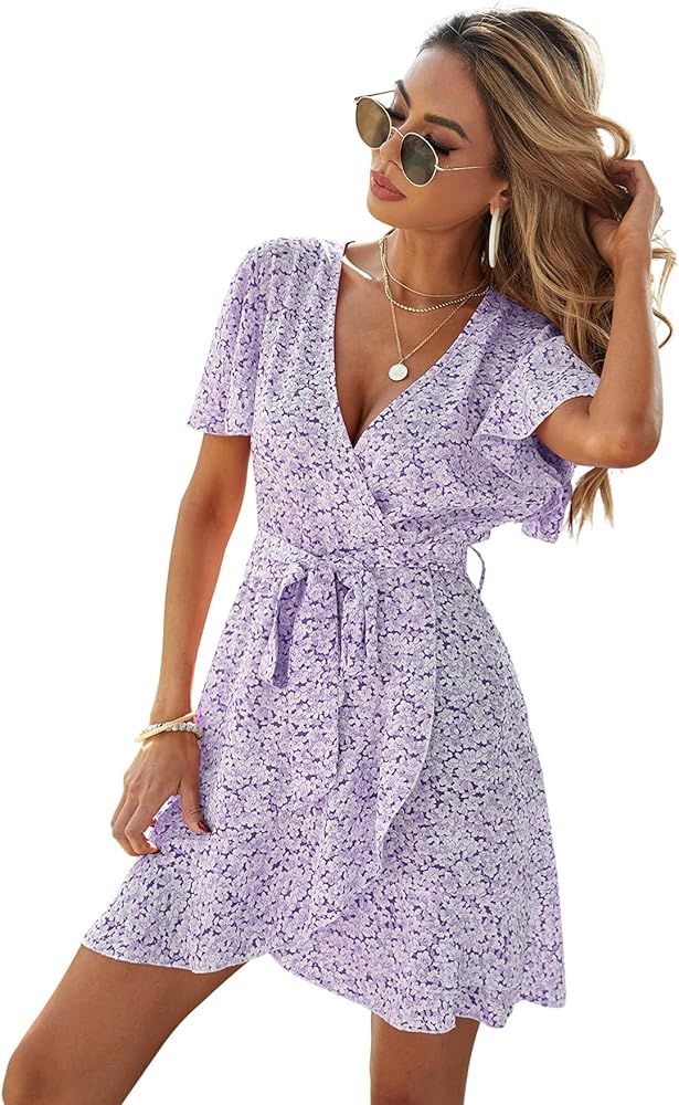SheIn Women's Floral Tie Front Ruffle Mini Dress V Neck Short Sleeve A Line Flare Dresses | Amazon (US)