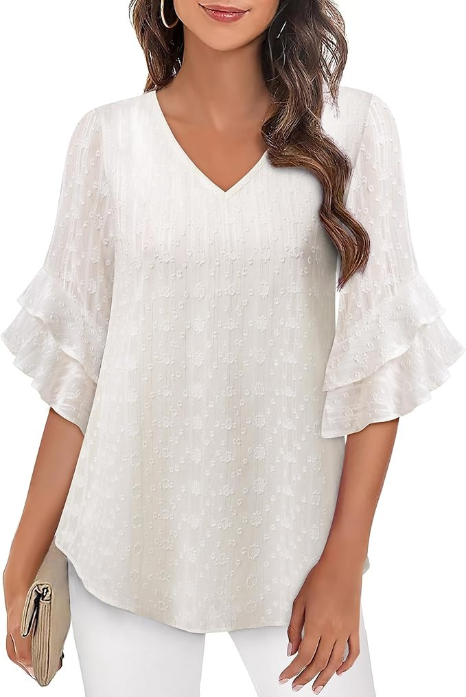 VALOLIA Womens Blouses 3/4 Sleeve Dressy Tops Business Casual Double Layers Shirts | Amazon (US)