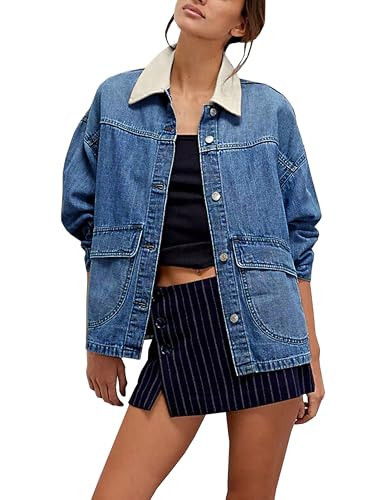 Lumister Womens Lightweight Oversized Denim Jacket with Contrast Trim Button Down Jean Coat with Pockets Outerwear | Amazon (US)