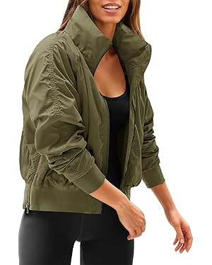 Fisoew Womens Windbreaker Crop Jackets Long Sleeve Zip Up Hidden Hooded Winter Bomber Jacket with... | Amazon (US)