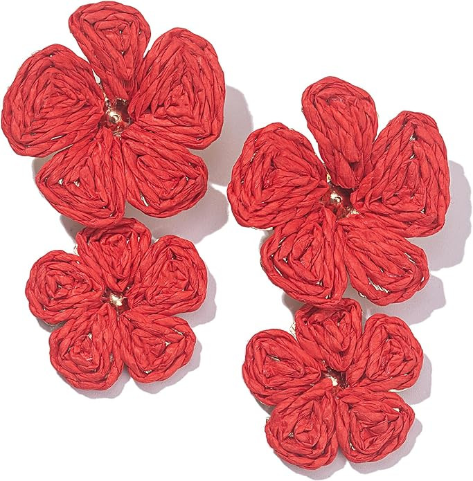 Flower Drop Earrings Floral Raffia Earrings Boho Statement Dangle Earrings Trendy Cute Summer Jew... | Amazon (US)