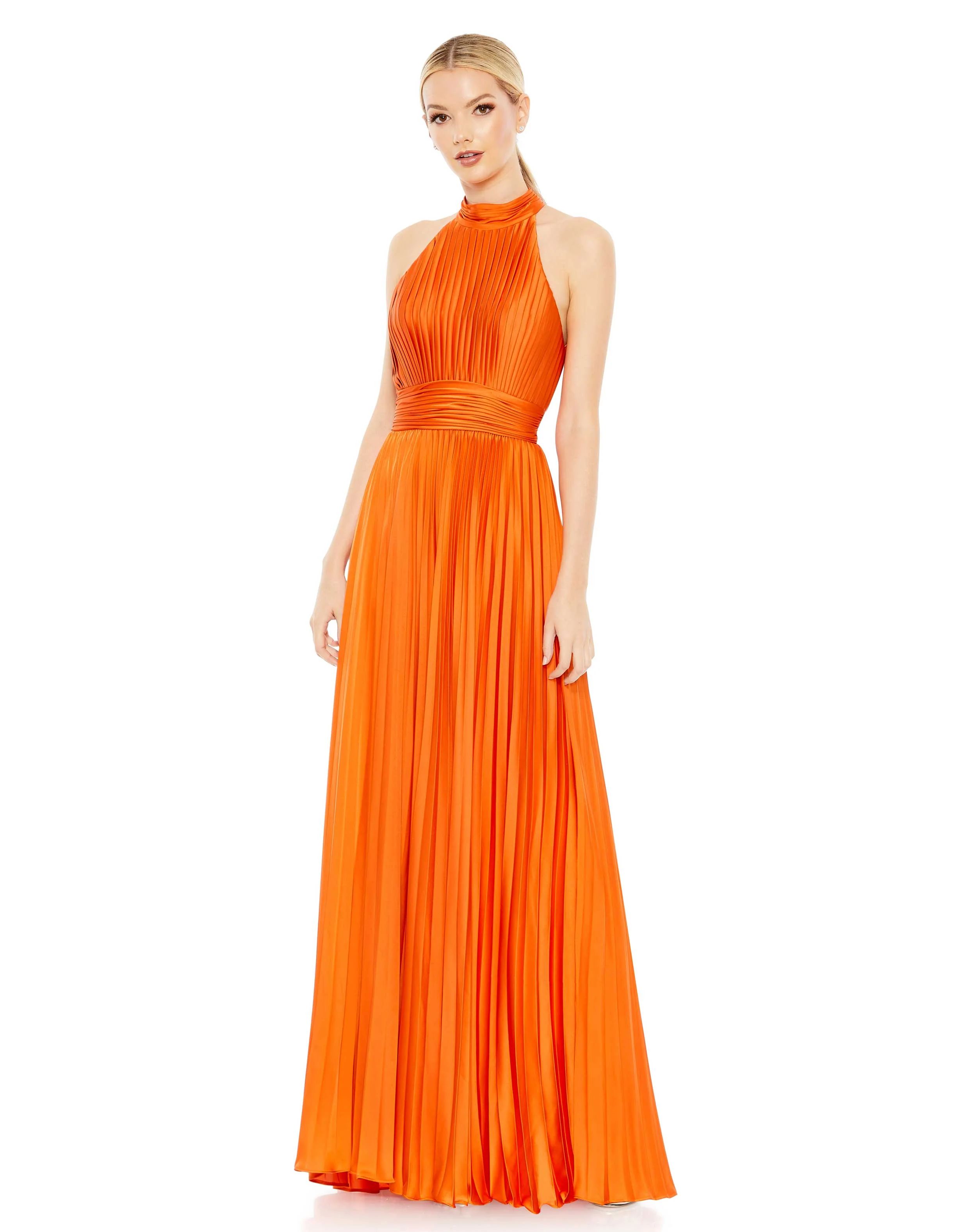 Pleated High Neck Satin Sleeveless Halter Gown | Mac Duggal