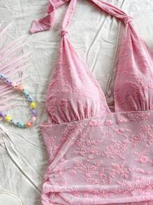 SHEIN WYWH Sweet Halter V-Neck Tie-Up Mesh Ruched Romantic Vacation Pink Ladies Short Dress | SHEIN