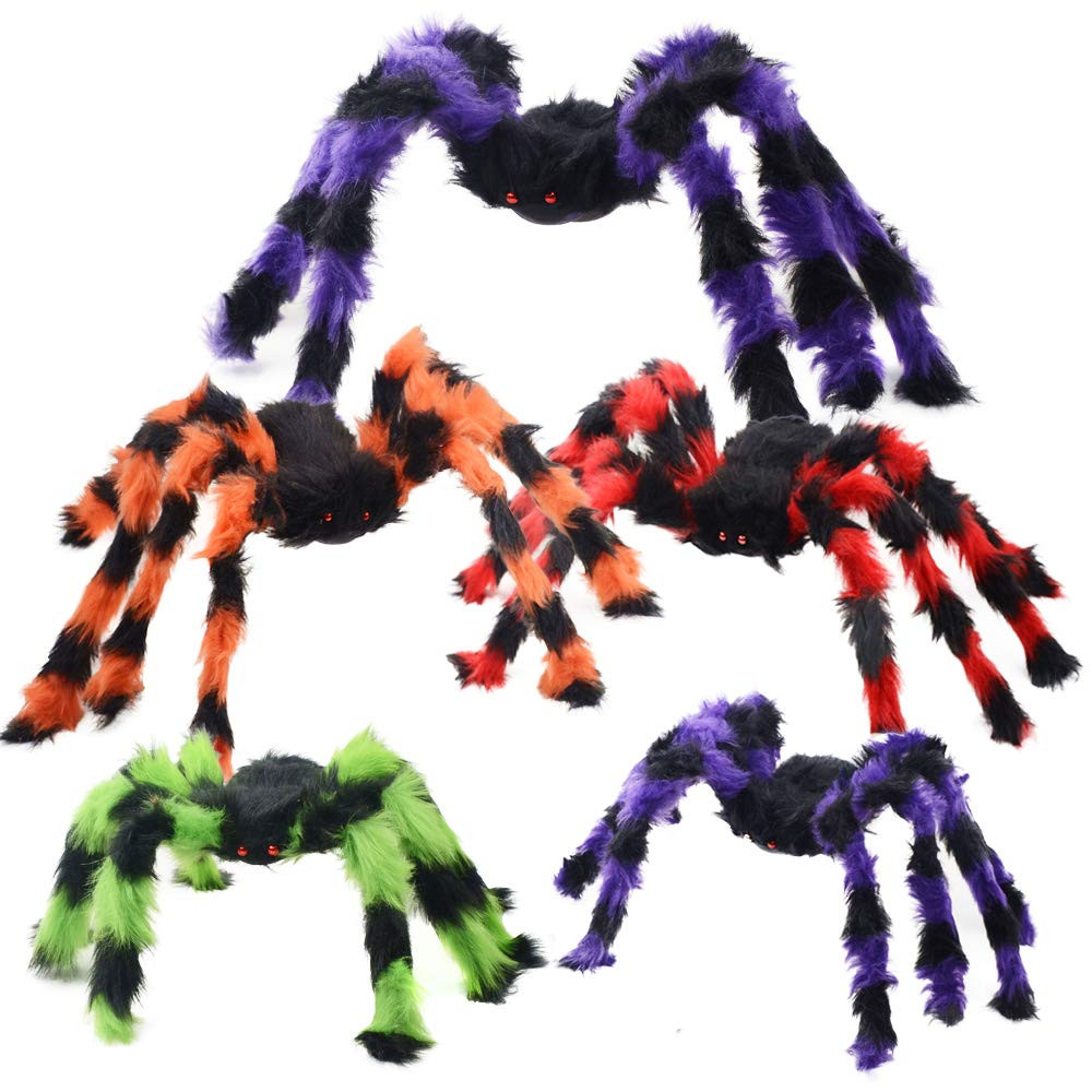 5pcs Halloween Spider Giant Spider with Red Eyes Colorful Hairy Scary Halloween Spider Decoration... | Amazon (US)