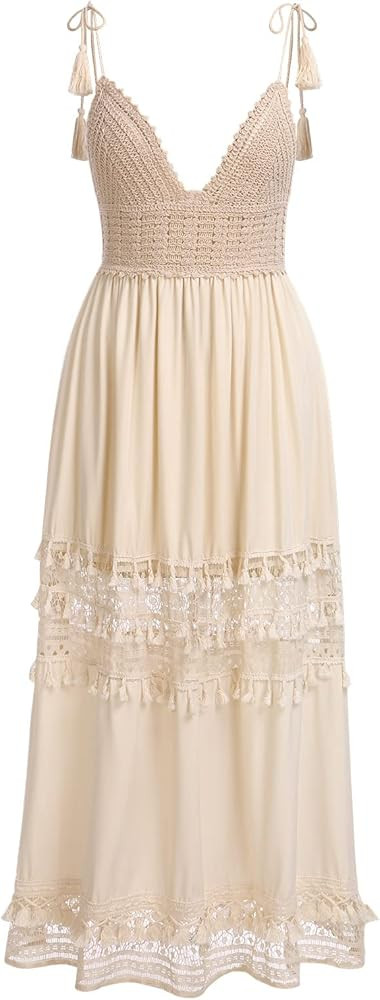 ABOCIW Women's Boho Maxi Dress Lace Up Tassel V-Neck Flare Ruffle Fringed Beach Summer Dresses | Amazon (US)