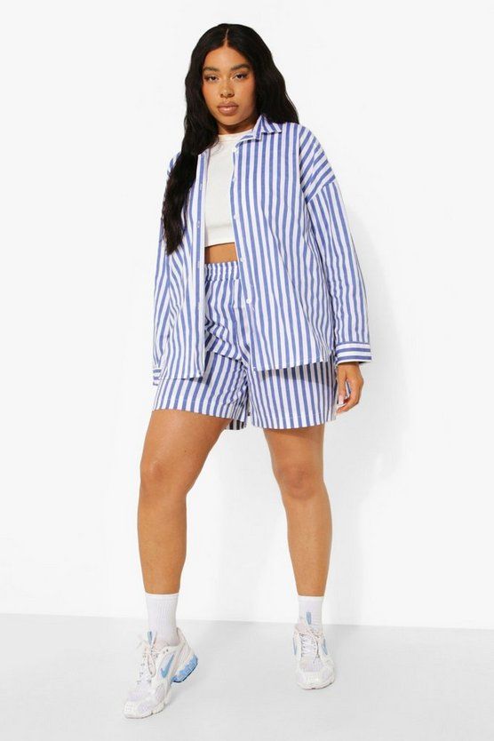 Plus Oversized Striped Shirt And Shorts Set | Boohoo.com (US & CA)