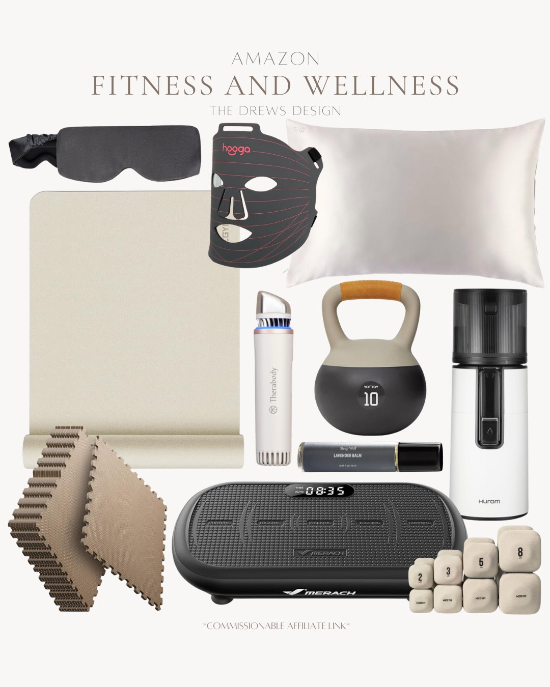 Fitness and wellness finds include dumbbells, vibration plate, juicer, home gym mat, yoga mat, kettlebell, lavender balm, silk pillowcase, red light mask, eye mask, and depuffing wand.

Health and wellness, fitness

#LTKselfcare #LTKActive #LTKFindsUnder100