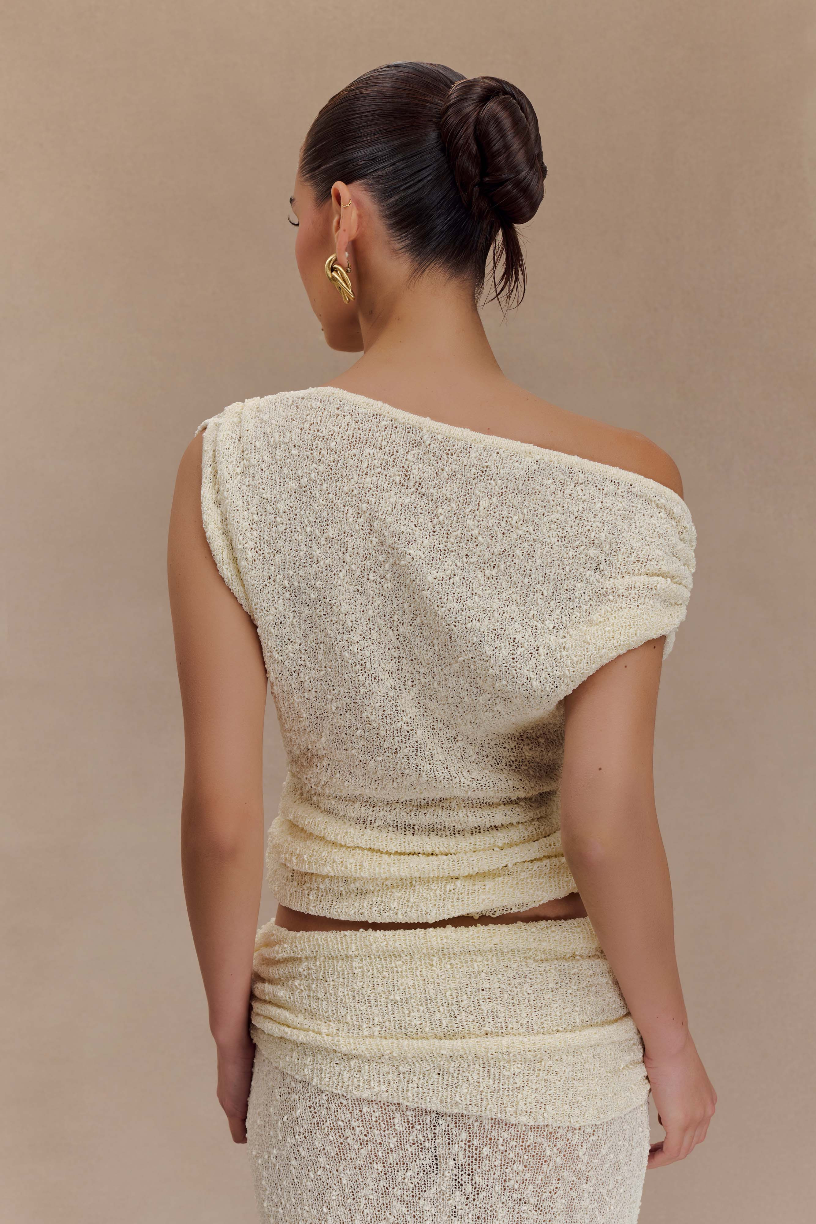 Chloe Off Shoulder Boucle Knit Top - Ivory | MESHKI US
