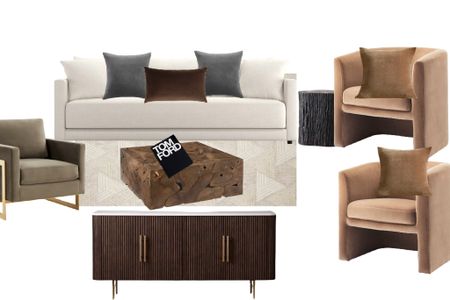 Gorgeous modern living furniture and decor 😻 White sofa, grey accent chair, camel Studio McGee accent chairs, teak coffee table and media console. 

#LTKhome #LTKFind #LTKU