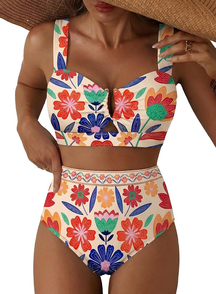 Herseas Women's 2 Piece U Wire Cutout Bikini Sets Floral Print High Waisted Swimsuit 2026 Summer ... | Amazon (US)