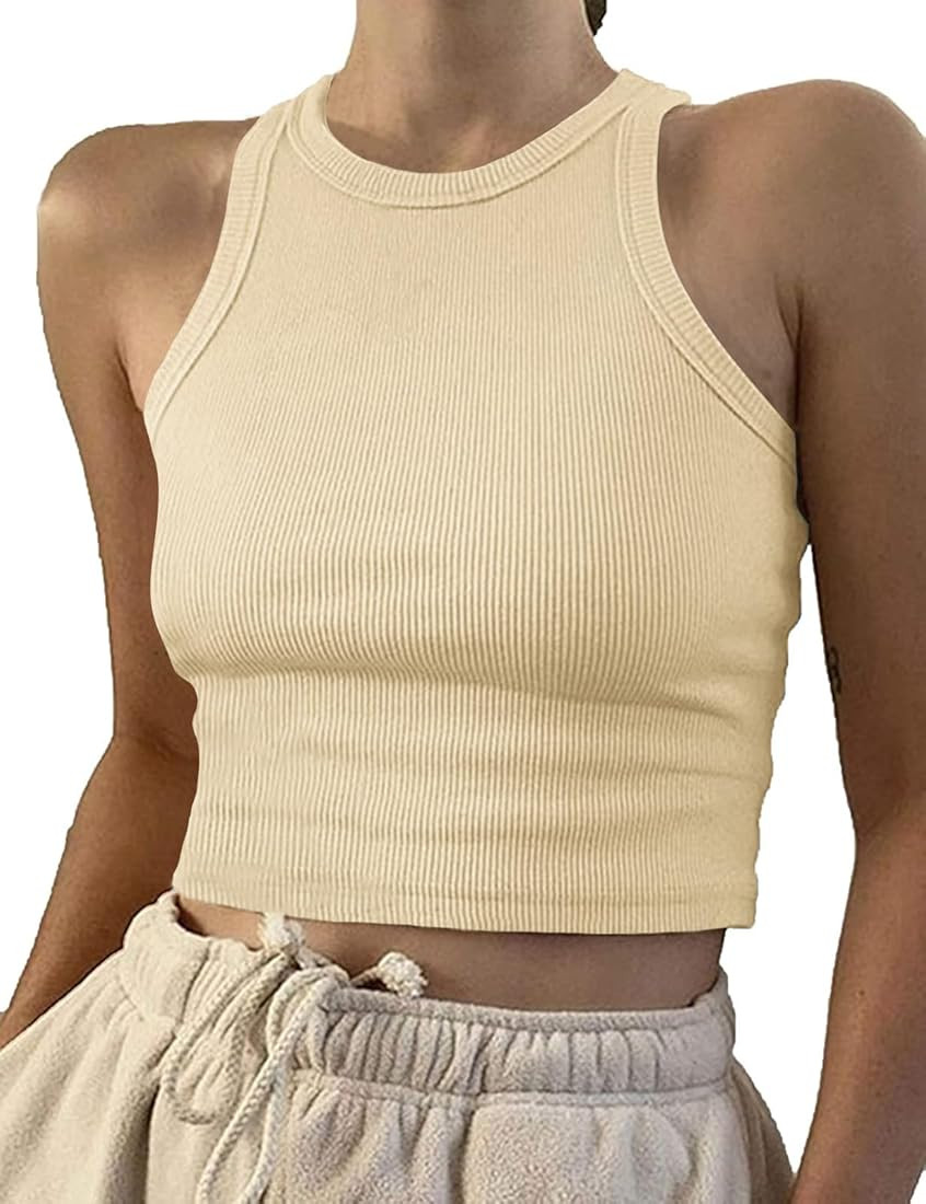 Women Casual Basic Sleeveless High Neck Rib-Knit Y2k Crop Tank Top | Amazon (US)