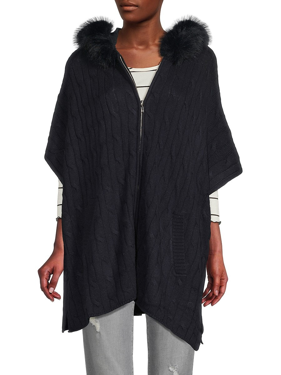 Saks Fifth Avenue Women's Wool Blend Faux Fur Trim Hooded Poncho - Navy Ink | Saks Fifth Avenue OFF 5TH