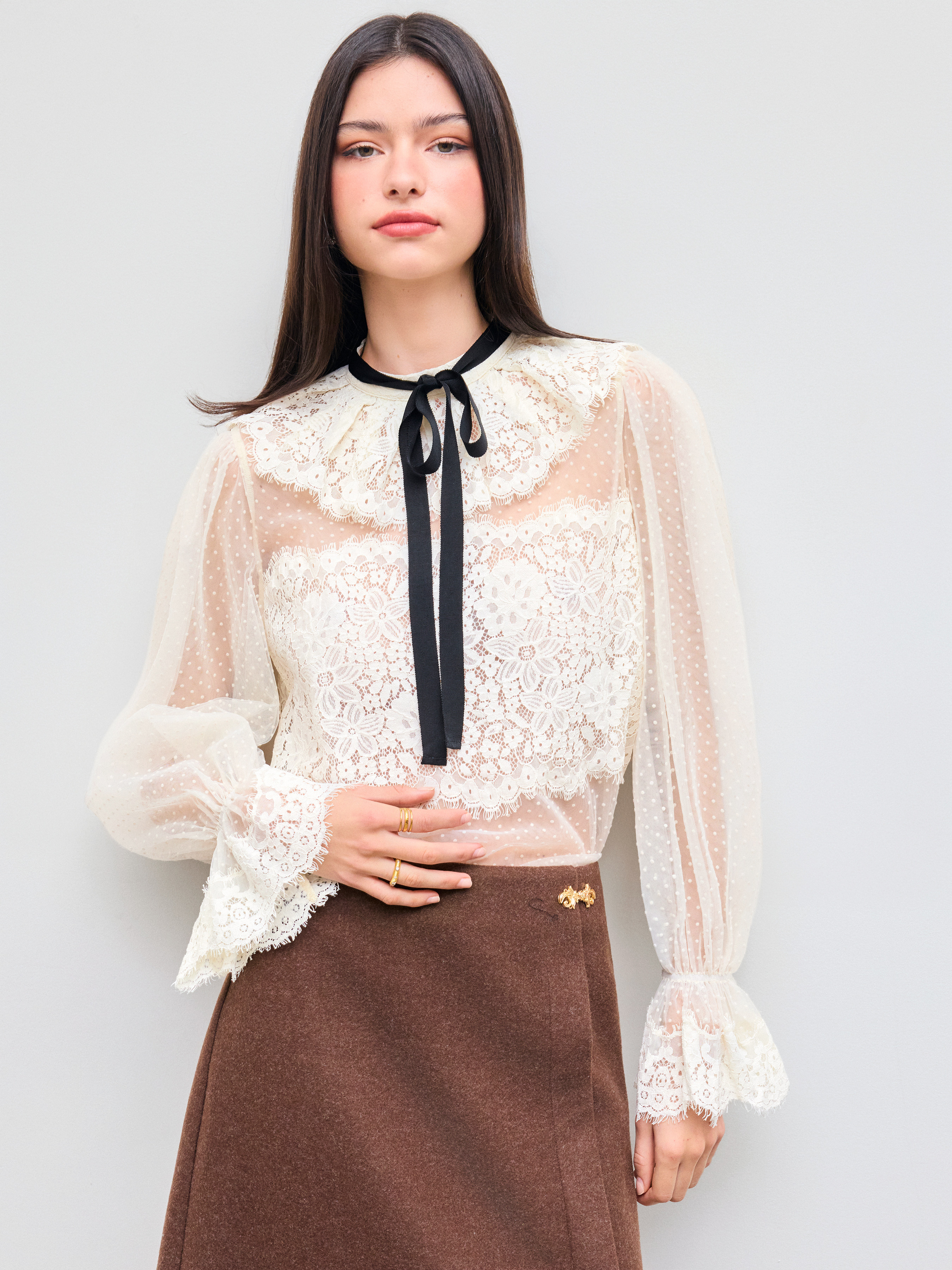 Lace Lace Stand Collar Floral Guipure Bowknot See-through Blouse For Date | Cider