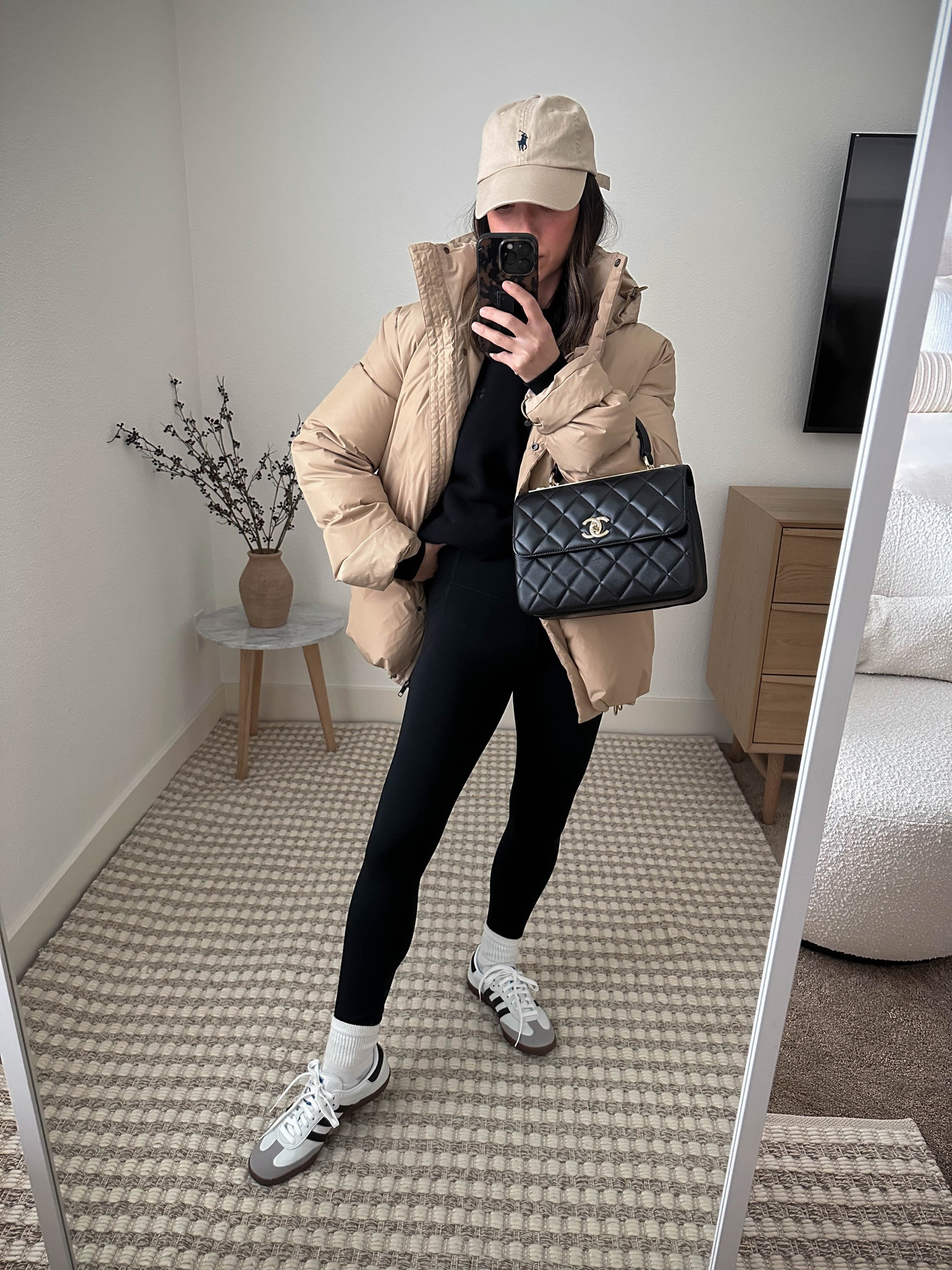 CrystalinMarie athleisure. Easy drop-off outfits. 

Coat - Jenni Kayne xxs (this is an older color) 
Sweatshirt - Sweaty Betty xs
Leggings - Zella xs
Socks - Hanes
Sneakers - adidas Samba 4.5 men’s 
Bag - Chanel trendy cc small 
Hat - Polo Ralph Lauren 

Petite Style, Neutral outfit, capsule wardrobe, minimal style, street style outfits, Affordable fashion, Spring fashion, Spring outfit,

#LTKitbag #LTKshoecrush #LTKSeasonal