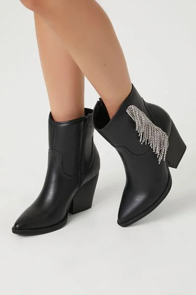 Rhinestone Fringe Block Heel Booties | Forever 21