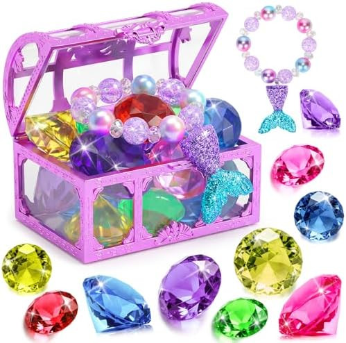 Diving Gems Pool Toys,10 Pcs Colorful Diamond with Treasure Chest Pirate Box Kids Swim Toys Acryl... | Amazon (US)