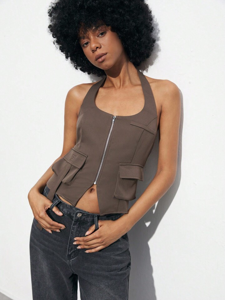 SHEIN Maija Clothes Women's Solid Color Zipper Back Halter Neck Summer Top | SHEIN