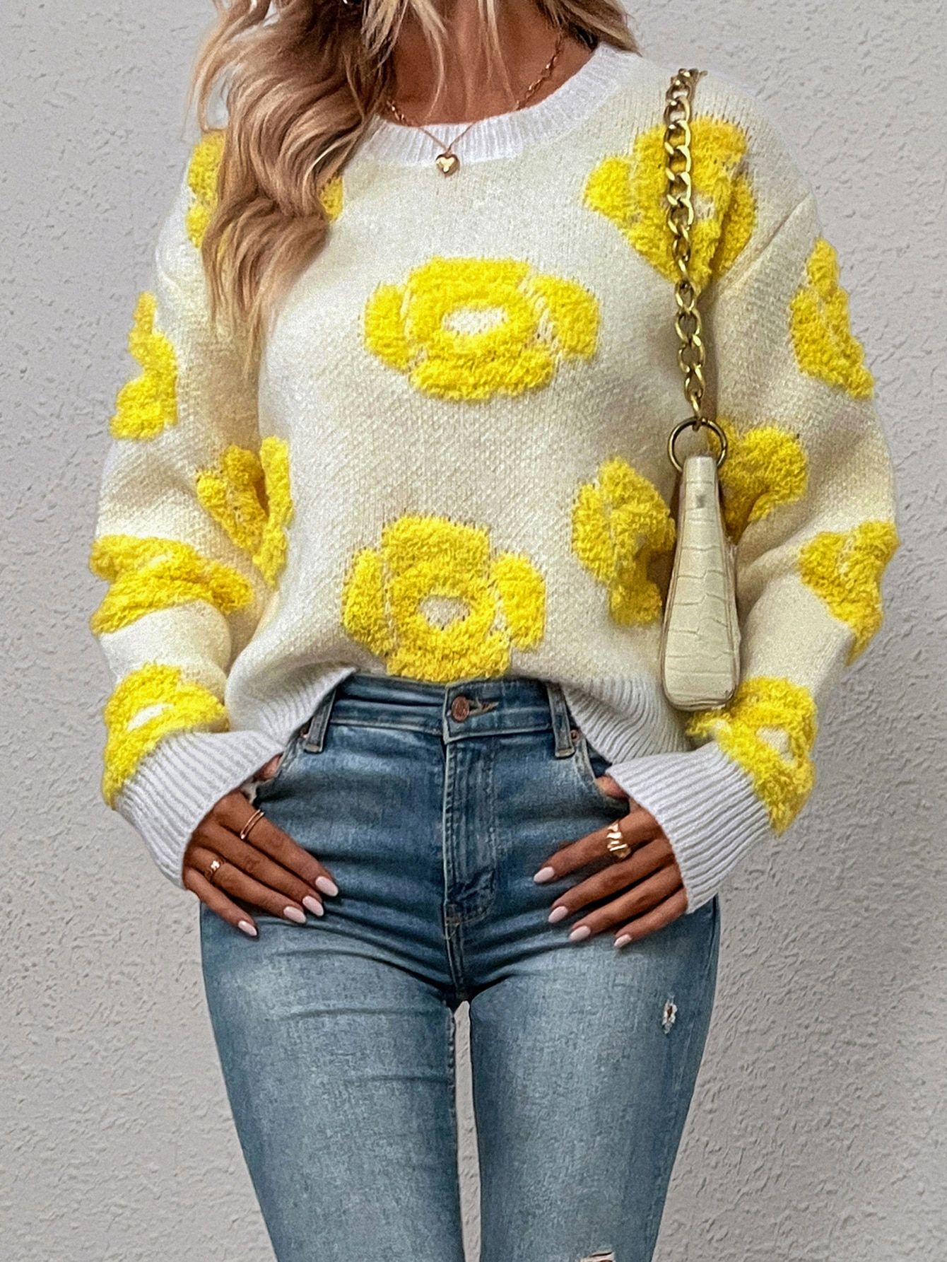SHEIN LUNE Floral Pattern Drop Shoulder Sweater | SHEIN