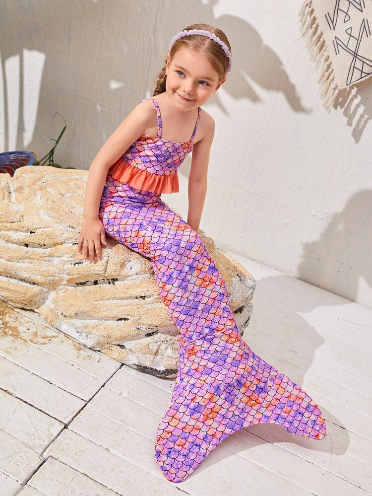 Toddler Girls 3pcs Fish Scale Print Ruffle Trim Mermaid Tail Set | SHEIN