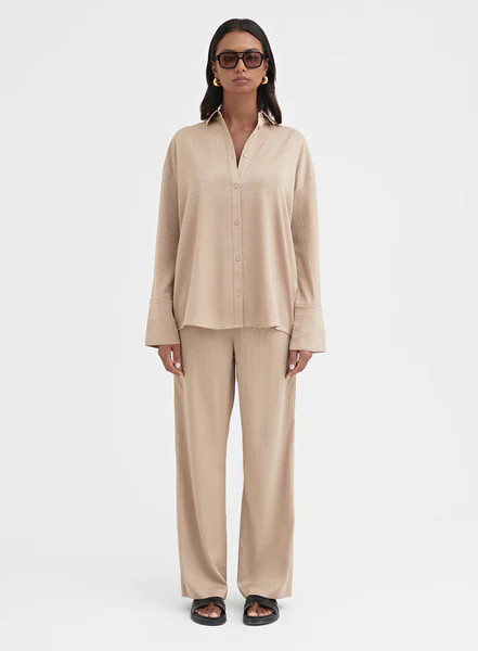 Camel Relaxed Geo Print Satin Shirt - Mimi | 4th & Reckless