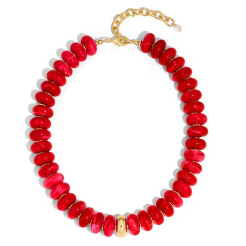HolidayQbee Beaded Necklace for Women Chunky Beaded Necklace Boho Red Big Bead Statement Red Choker Necklaces Fashion Trendy Summer Beach Jewelry Gifts | Amazon (US)