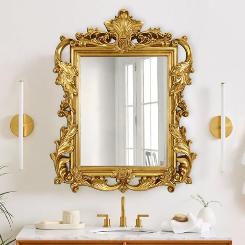 Autdot Gold Antique Mirror, Baroque Mirror with Ornate Frame, Vintage Mirror for Wall Decor, 26.3'' x 32.6'' Gold Wall Mirror for Fireplace, Living Room, Entryway, Bathroom | Amazon (US)