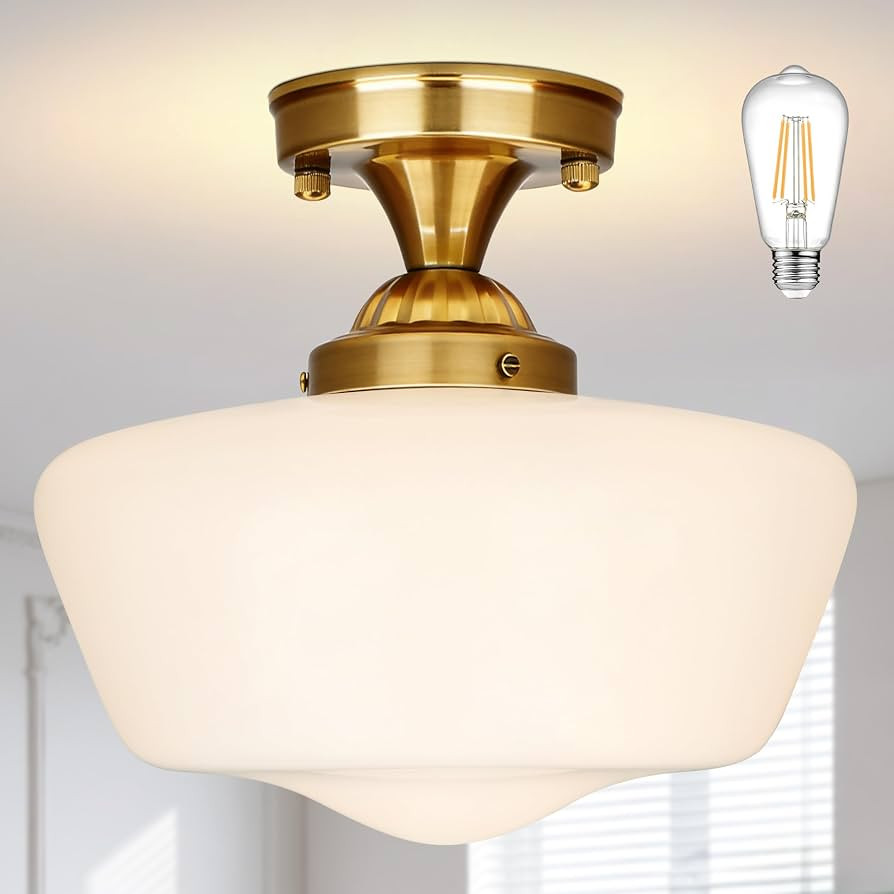 Bagood 12" Brass Schoolhouse Lights Fixture Milk Glass Light Fixtures Mid Century Light Fixtures ... | Amazon (US)