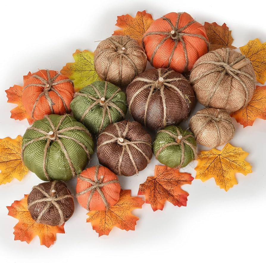 DearHouse 62Pcs Burlap Artificial Pumpkins Maple Harvest Fall Decoration, 12Pcs Fall Pumpkins and... | Amazon (US)