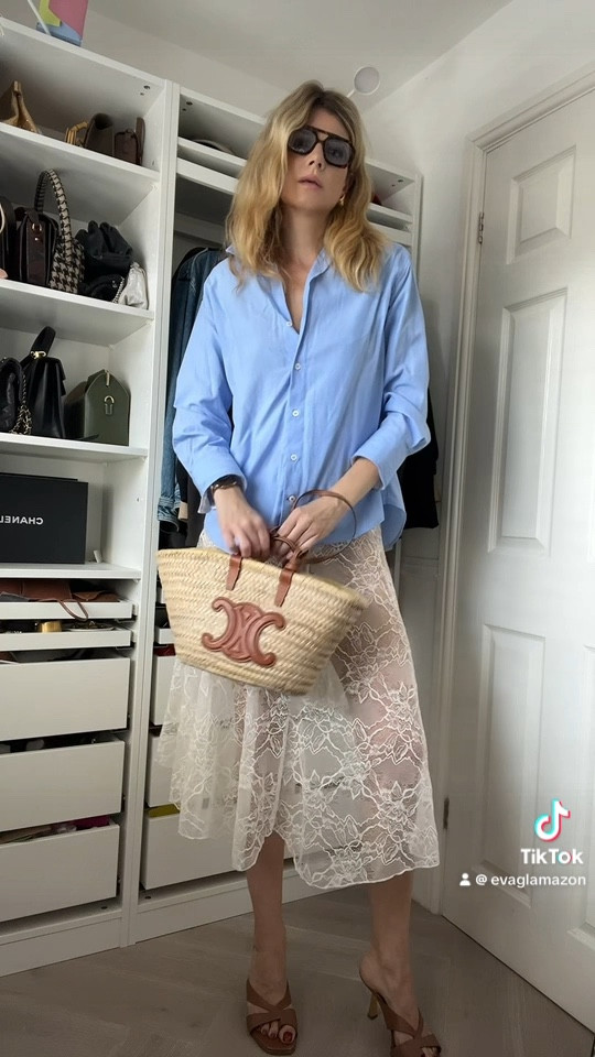 Summer outfit, lace skirt, blue shirt, basket bag, celine bag 

#LTKeurope #LTKsummer #LTKuk