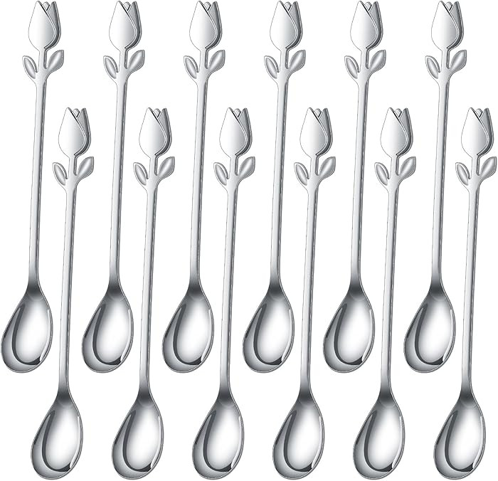 Silver Tulip/Rose Handle 12-Pcs Mini Coffee Spoons Set - 6" Stainless Steel for Espresso, Tea, De... | Amazon (US)