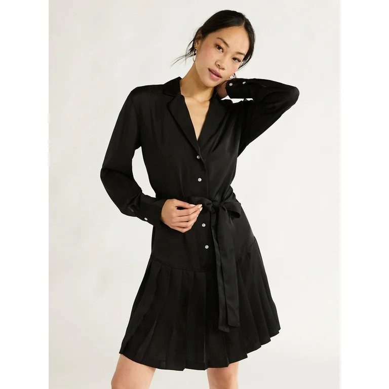 Free Assembly Women’s LS Pleated Mini Shirt Dress - Walmart.com | Walmart (US)