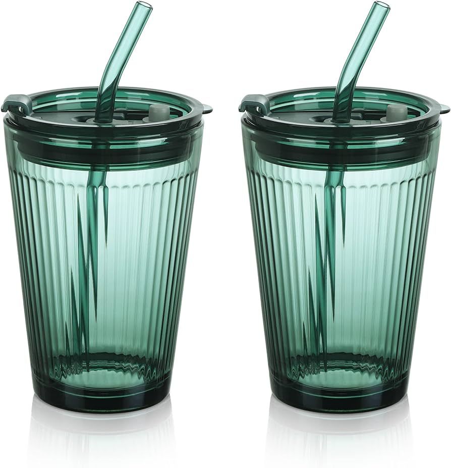 Joeyan Glass Tumbler with Straw and Lid,Green Glasses Water Cup with Straw,Colored Glass Drinking... | Amazon (US)