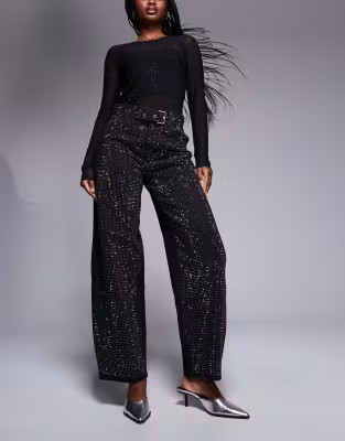 ASOS DESIGN barrel leg jean with hot fix embellishment and in black | ASOS (Global)