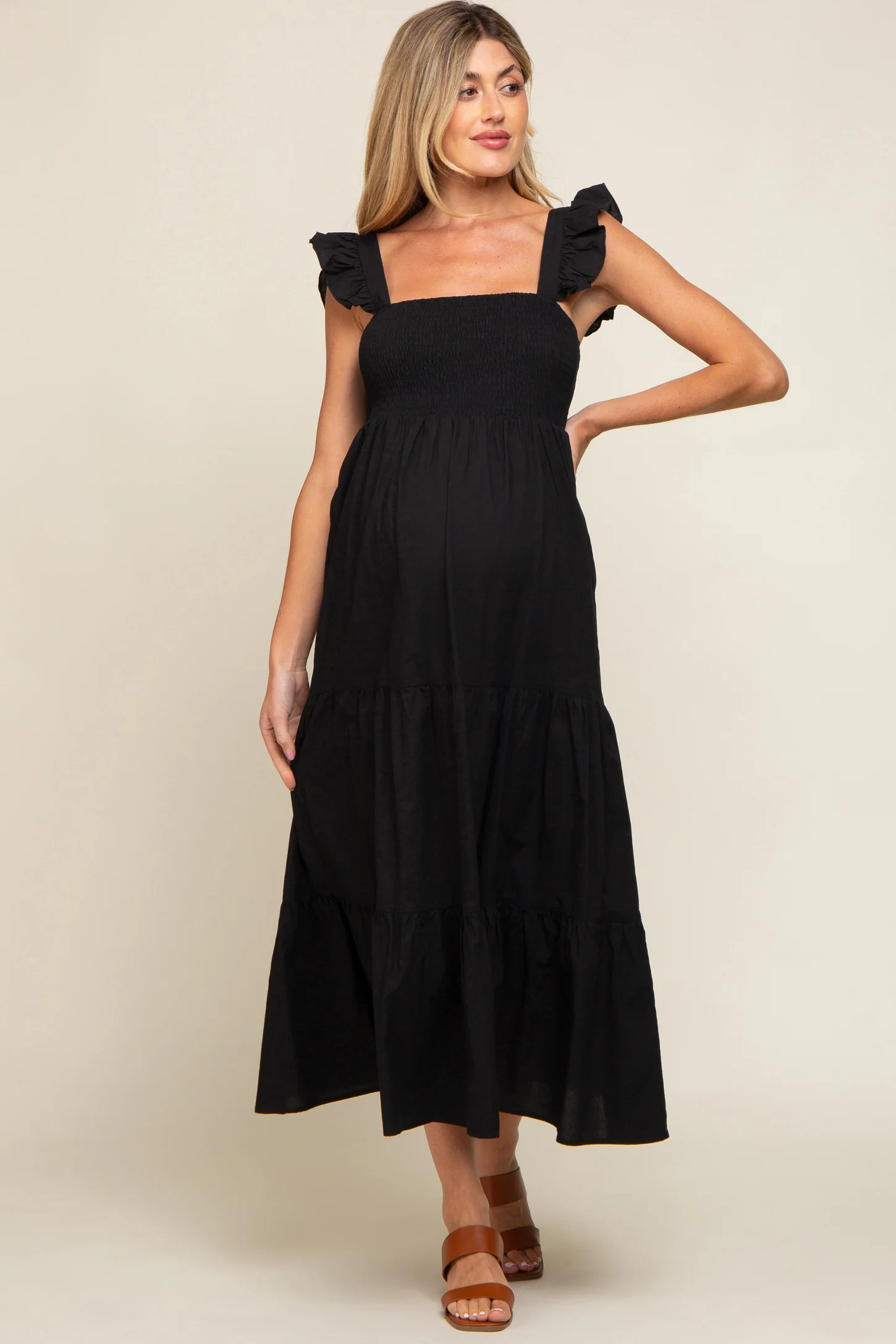 Black Sleeveless Tiered Maternity Maxi Dress | PinkBlush Maternity