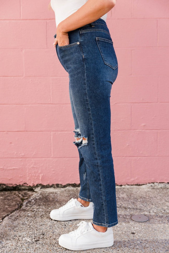 The Mom Jeans Dark Wash Straight Leg Jeans - Krista X Pink Lily | Pink Lily