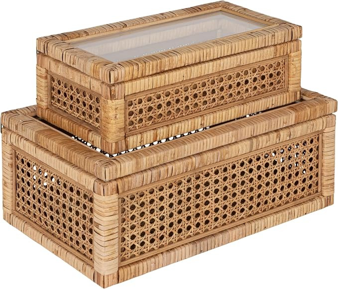 Creative Co-Op Modern Decorative Rectangle Woven Rattan and Wood Display Boxes with Glass Top, Se... | Amazon (US)