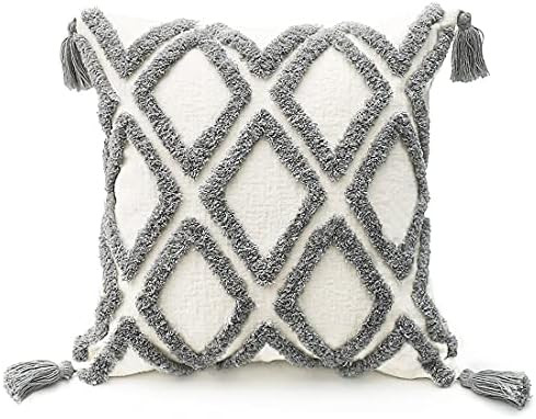 PLWORLD Boho Gray Throw Pillow Cover 18x18 Inch with Tassels, Moroccan Tufted Decorative Cream Ch... | Amazon (US)