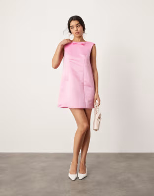 ASOS DESIGN structured satin mini shift dress with bow in pink | ASOS | ASOS (Global)
