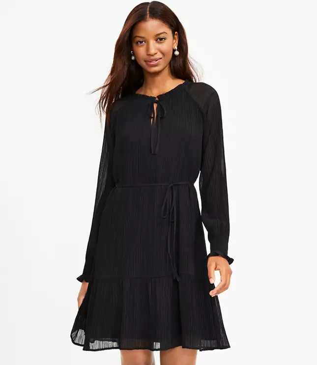 Pleated Tie Neck Dress | LOFT