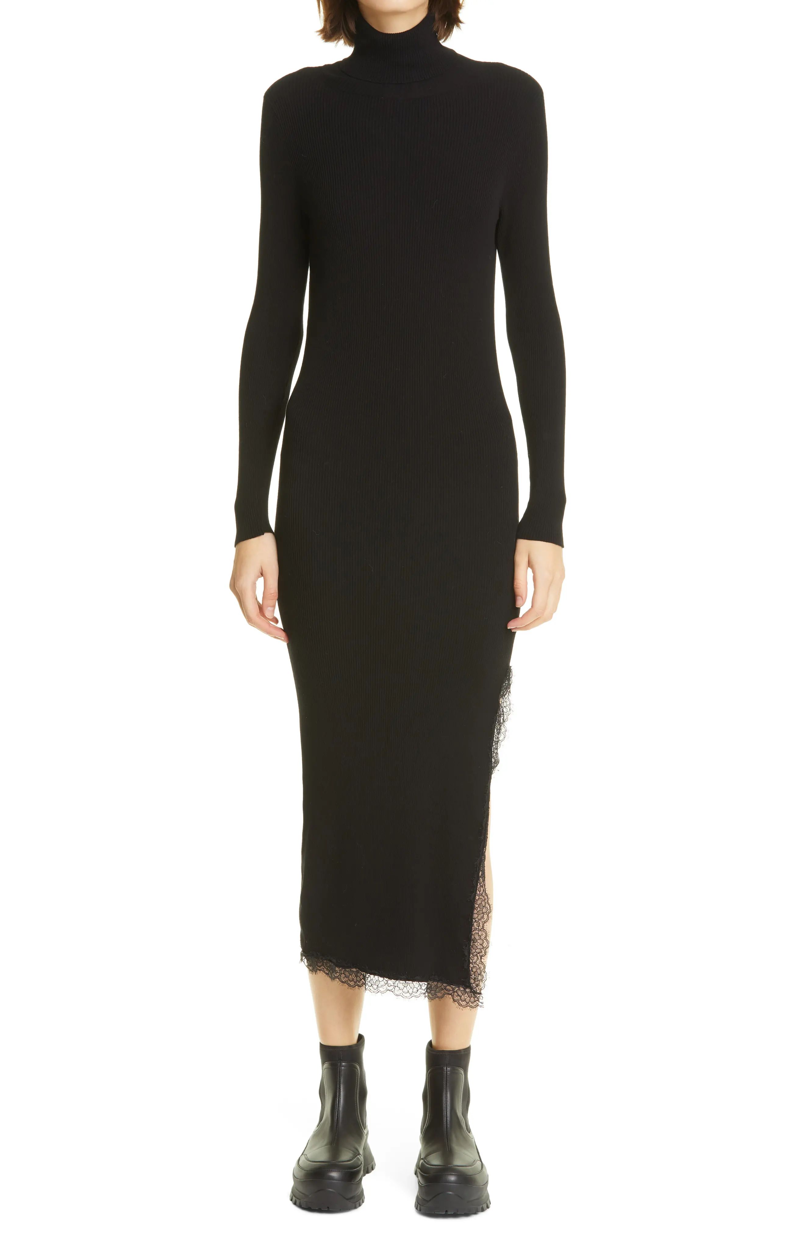 Women's Red Valentino Lace Trim Turtleneck Long Sleeve Sweater Dress, Size X-Small - Black | Nordstrom