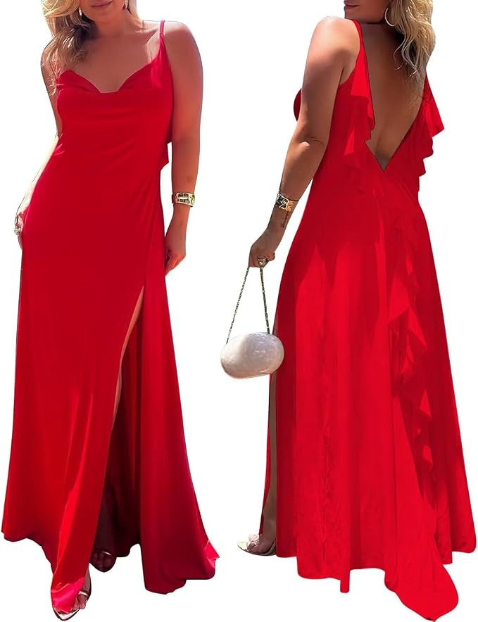 LROSEY Womens Ruffle Spaghetti Strap Dress Summer Boho Flowy Cowl Neck Sleeveless Backless Long M... | Amazon (US)