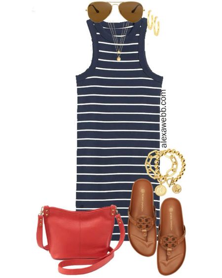 Plus Size Fourth of July Outfits - Stripes. A plus size Independence Day outfit idea with a plus size navy and white striped dress, red handbag, and Tory Burch sandals by Alexa Webb.

#LTKStyleTip #LTKSeasonal #LTKPlusSize
