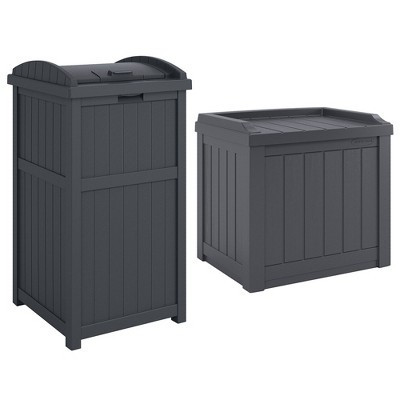Suncast 22-Gallon Outdoor Patio Backyard Deck Box Storage Bench and 30-Gallon Hideaway Trash Waste Bin with Latching Lid, Cyberspace | Target