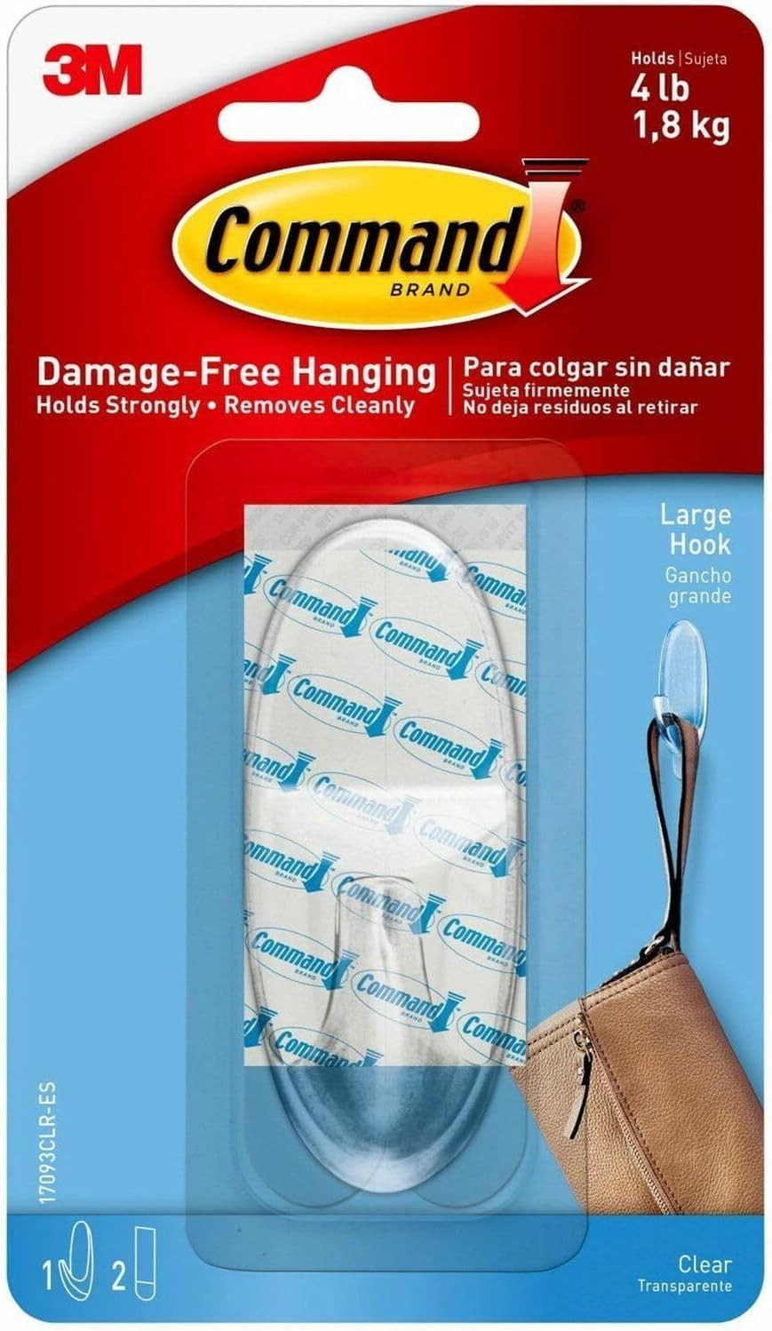 3M Command 17093CLRES Adhesive Hanging Hook, Large, Holds 4lbs., Clear | Amazon (US)