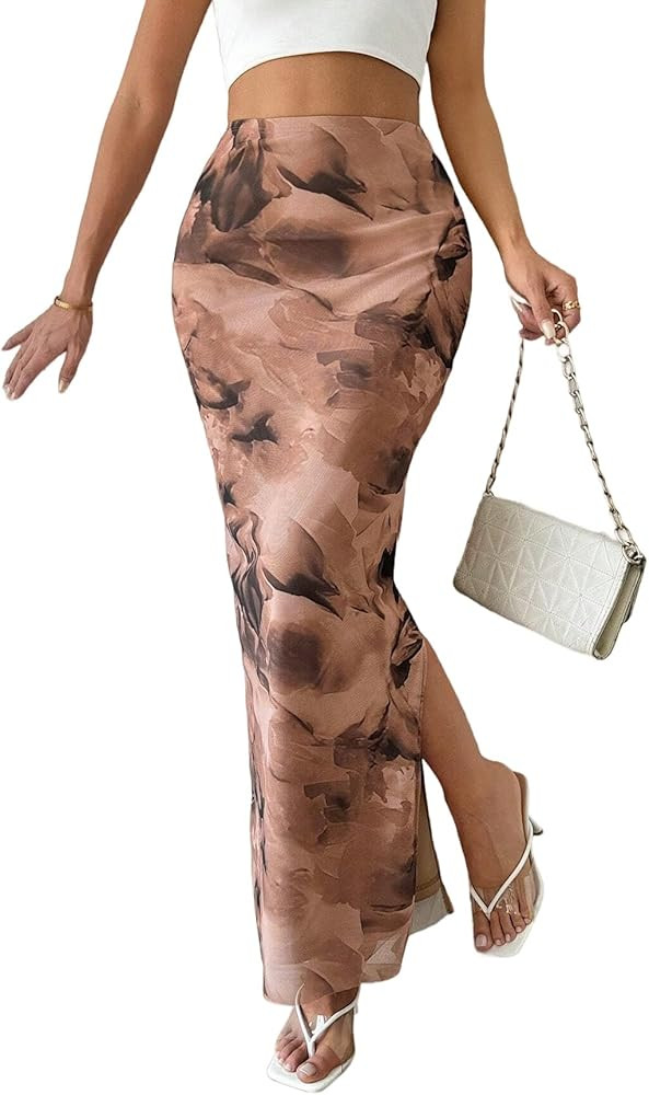Women's Floral Midi Skirt Mesh Slit Split Long Summer Maxi Skirts Women Outfit | Amazon (US)