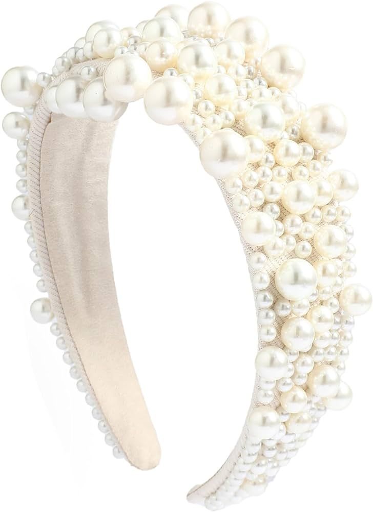 MHDGG Pearl Headbands for Women Wide White Bling Rhinestones Hairbands Bridal Hair Hoop Wedding A... | Amazon (US)